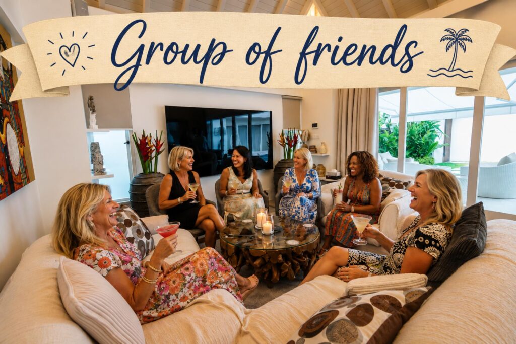 Group of friends with banner