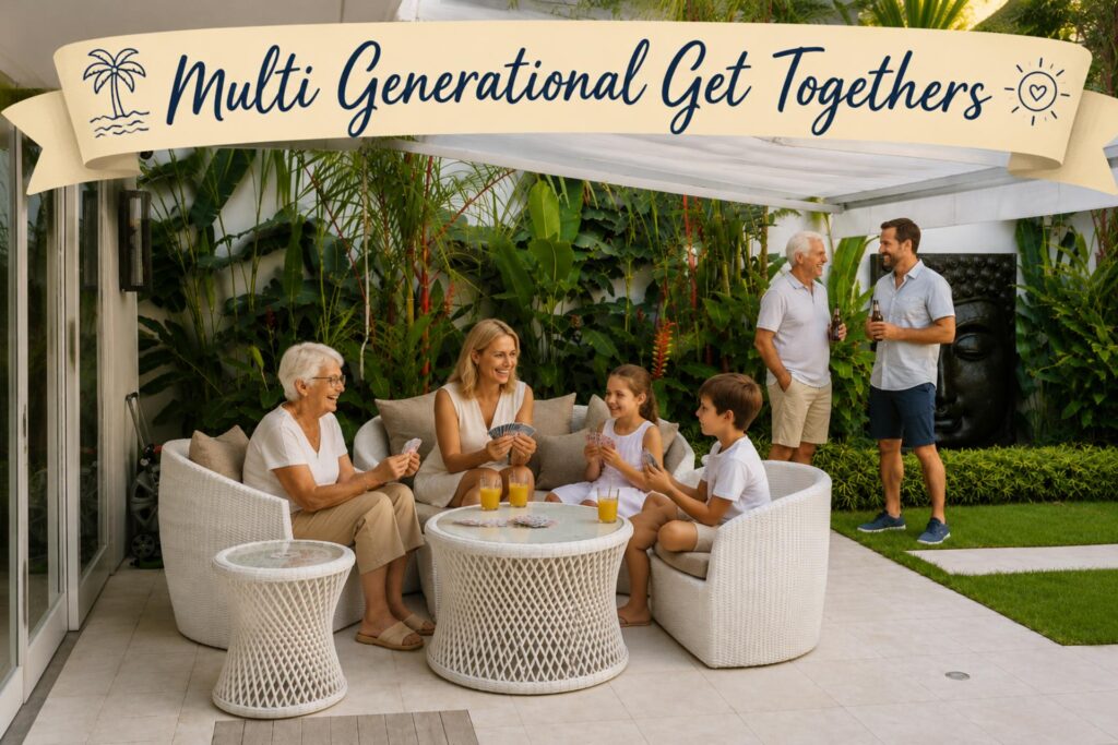 Multi generational get togethers with banner
